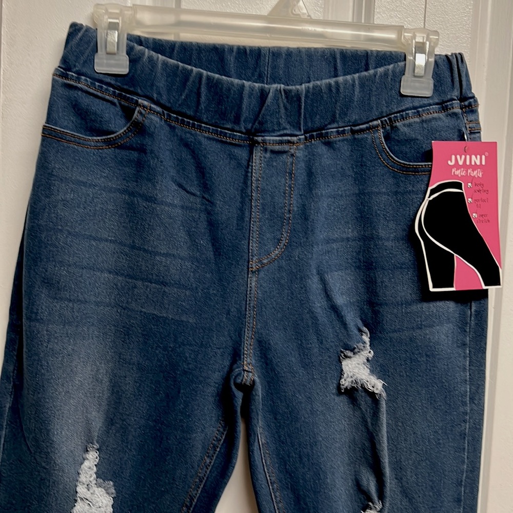 JVINI Blue Denim Mid Rise Stretch Ponte Distressed Crop Jeans Size M NWT - Picture 2 of 6
